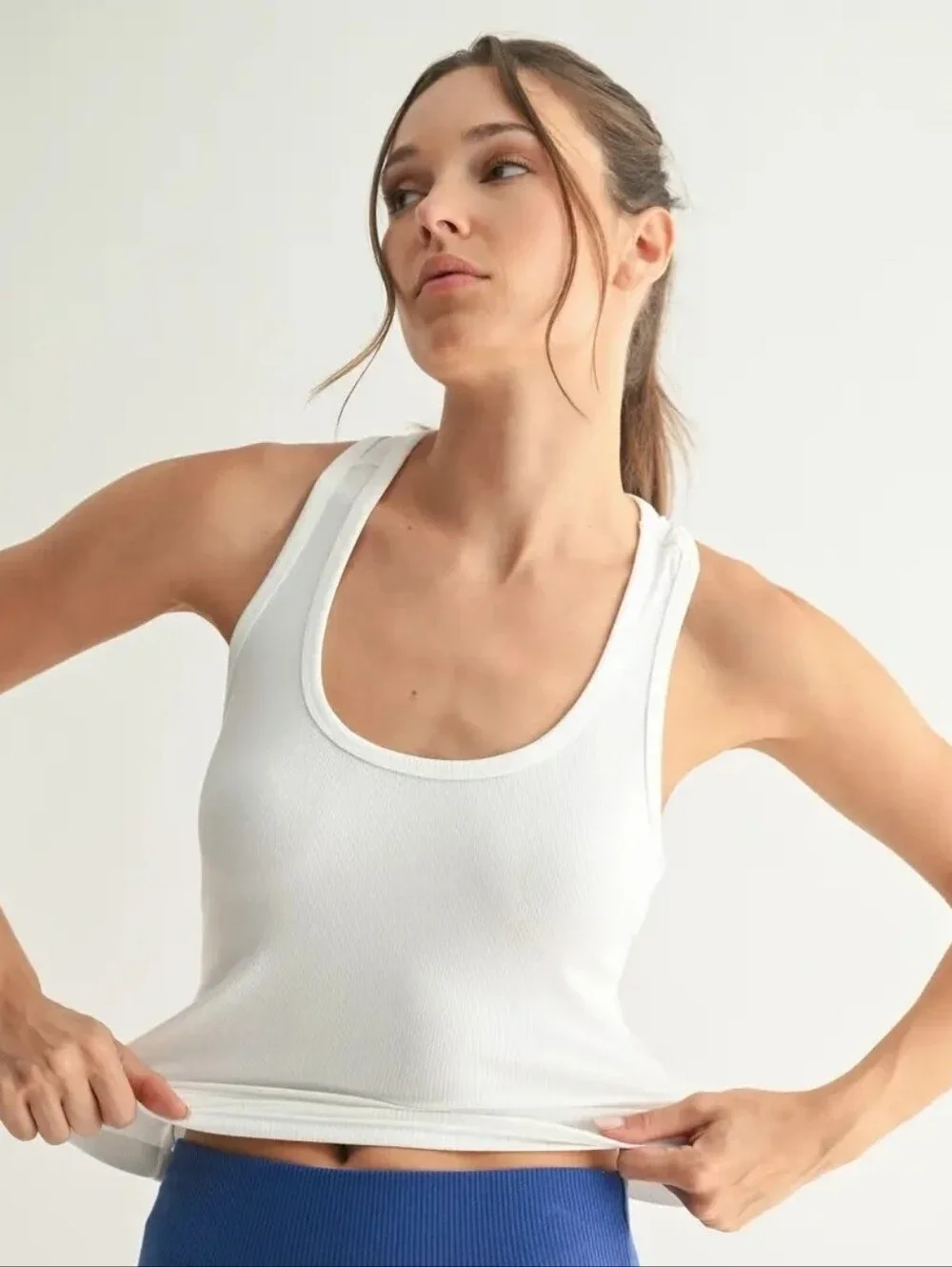 Mono B White Ribbed Racerback Tank Top - Picture 1 of 2